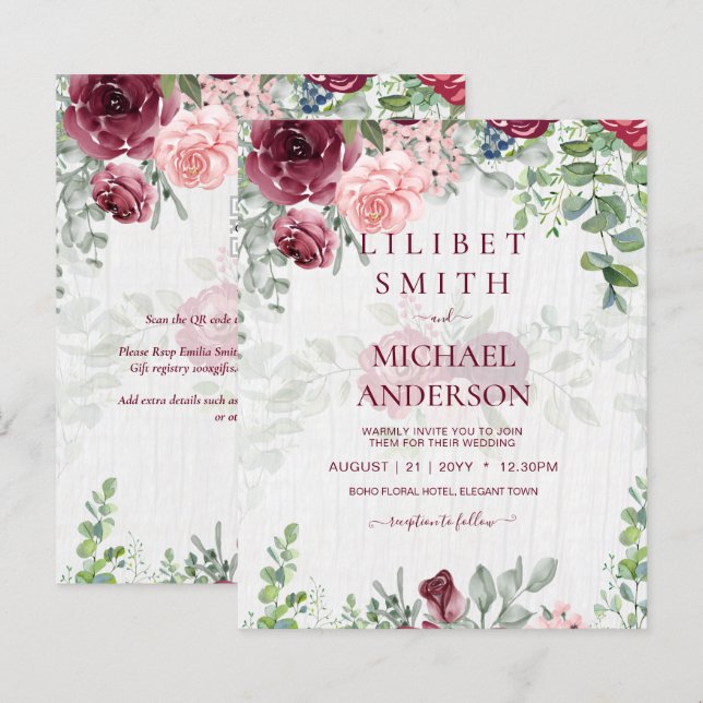 BUDGET Burgundy Blush Pink Floral Wedding INVITE (Front/Back)