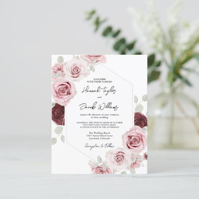Budget Burgundy Blush Pink Floral Wedding Invite (Standing Front)