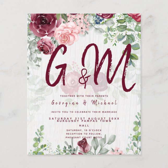BUDGET Burgundy Blush Pink Floral Wedding INVITE Flyer (Front)