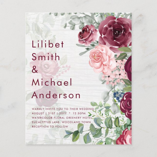 BUDGET Burgundy Blush Pink Floral Wedding INVITE Flyer (Front)