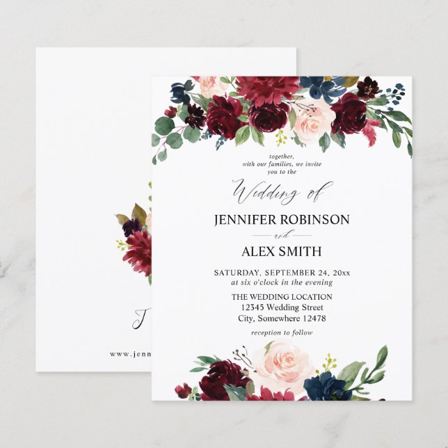 Budget Burgundy Blush Pink & Navy Floral Wedding 2 (Front/Back)