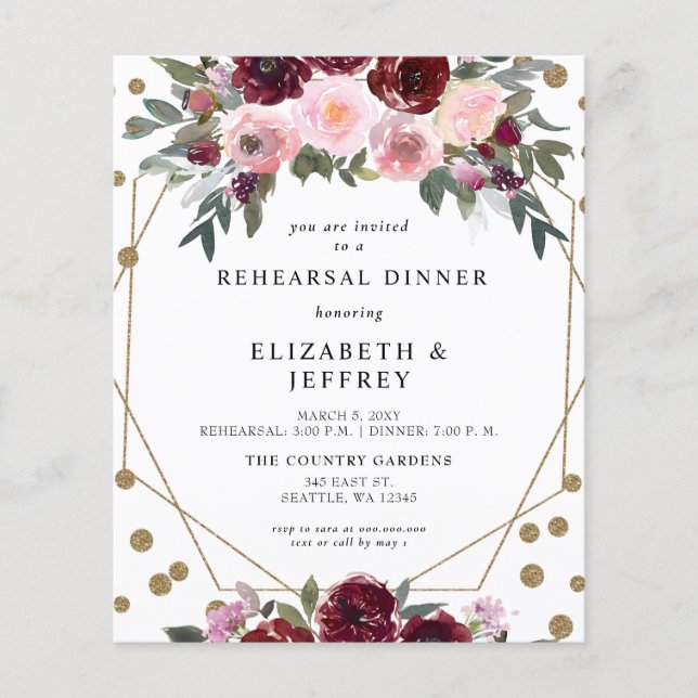 Budget Burgundy Blush Rehearsal Dinner Invitation (Front)
