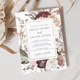 Budget Burgundy Boho Floral Wedding Invitation