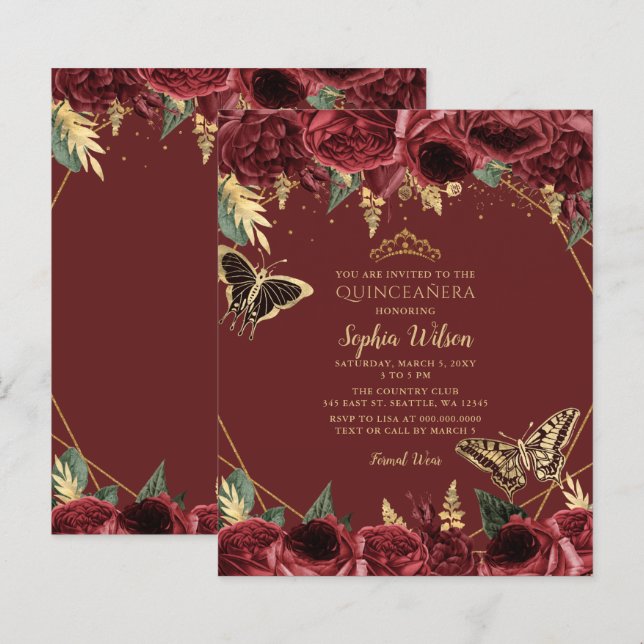 Budget Burgundy Butterfly Quinceañera Invitiation (Front/Back)