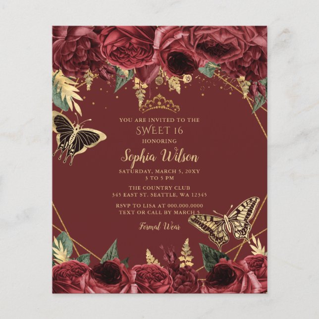 Budget Burgundy Butterfly Sweet 16 Invitation (Front)