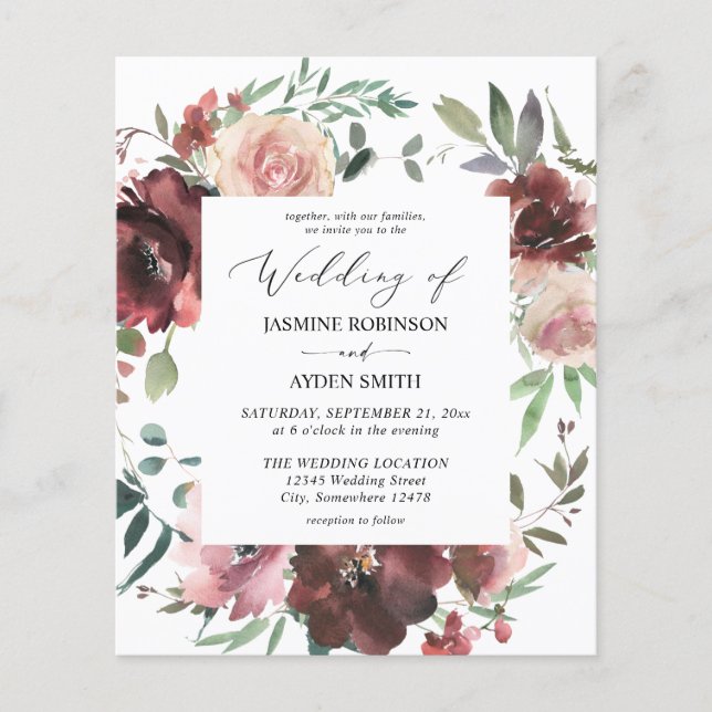 Budget Burgundy & Dusty Pink Floral 5 Wedding  Flyer (Front)