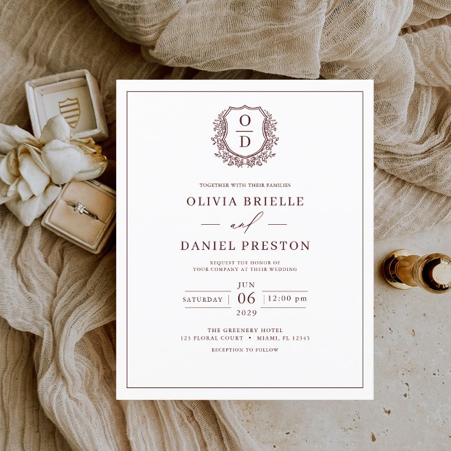 Budget Burgundy Elegant Crest Wedding Invitation Flyer (Creator Uploaded)