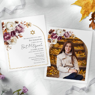 Budget Burgundy Fall Bat Mitzvah Photo Invitations