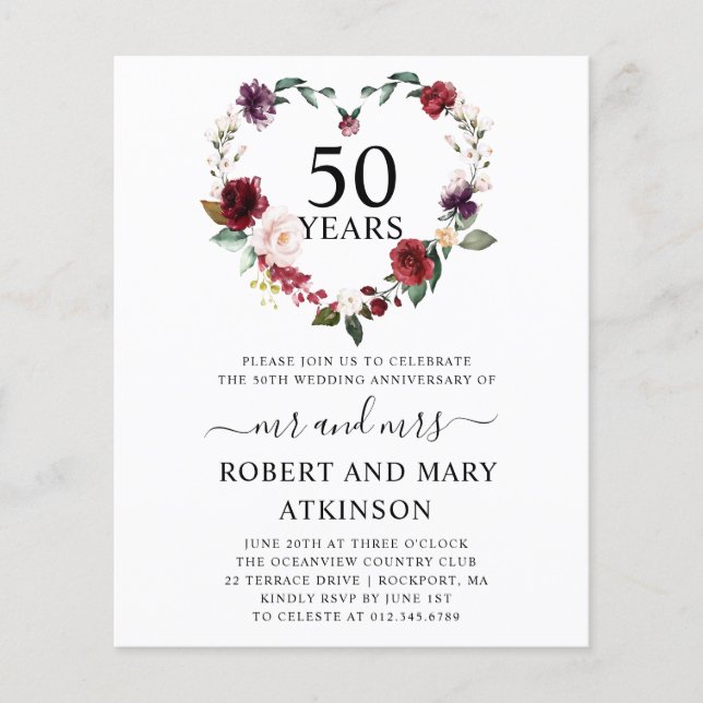 Budget Burgundy Floral 50th Anniversary Invitation (Front)