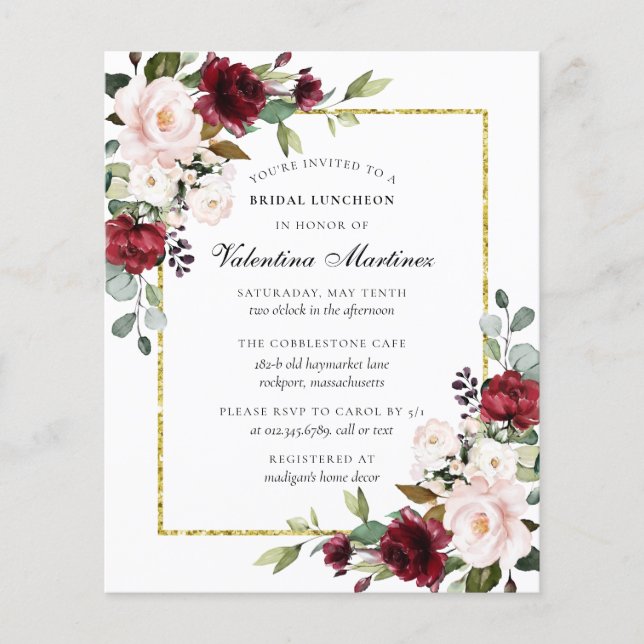 Budget Burgundy Floral Bridal Luncheon Invitation (Front)