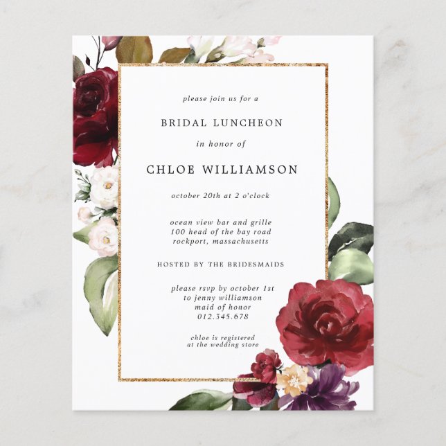 Budget Burgundy Floral Bridal Luncheon Invitation (Front)