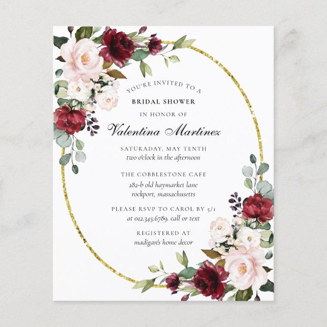 Budget Burgundy Floral Bridal Shower Invitation (Front)