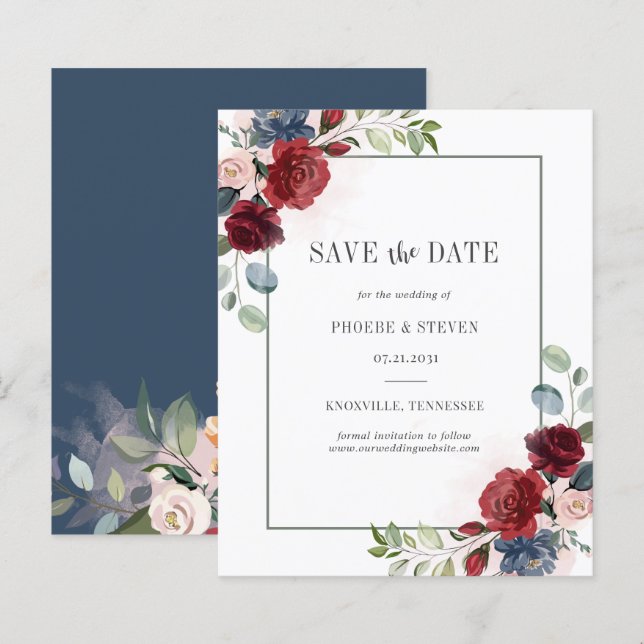 Budget Burgundy Floral Eucalyptus Save the Date (Front/Back)