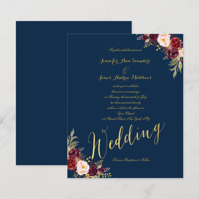 Budget Burgundy Floral Gold Blue Wedding Invite (Front/Back)