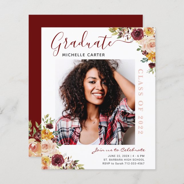 Budget Burgundy Floral Graduation Announcement (Front/Back)