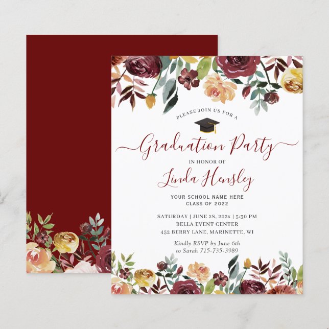 Budget Burgundy Floral Graduation Party Invitation (Front/Back)
