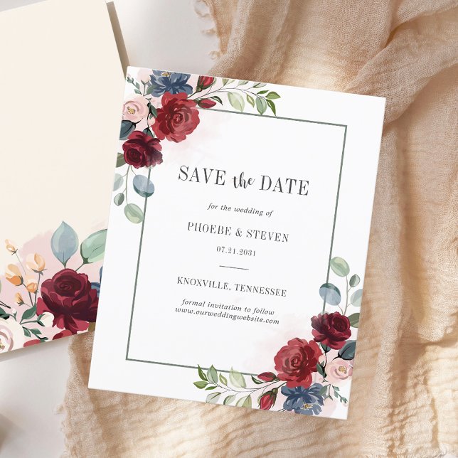 Budget Burgundy Floral Greenery Save the Date Flyer (Floral Burgundy Watercolor Wedding Save the Date)
