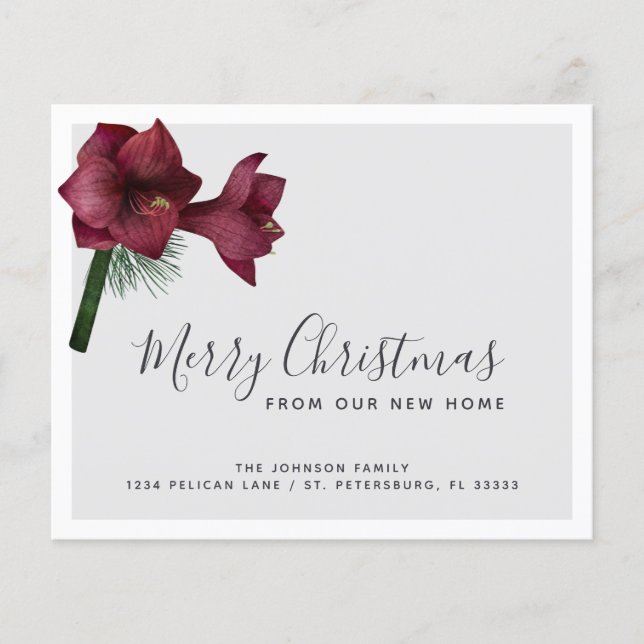 Budget Burgundy Floral Holiday New Address Card (Front)
