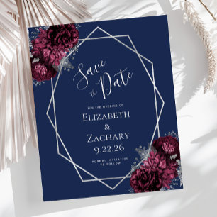 Budget Burgundy Floral Navy Silver Save the Date