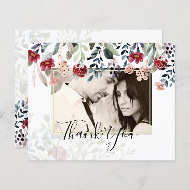 BUDGET Burgundy Floral Photo Collage Thank You (Front/Back)