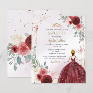 Budget Burgundy Floral Princess Sweet 16 Invite
