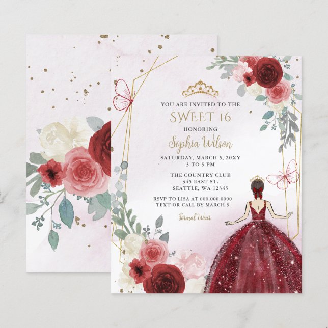 Budget Burgundy Floral Princess Sweet 16 Invite (Front/Back)