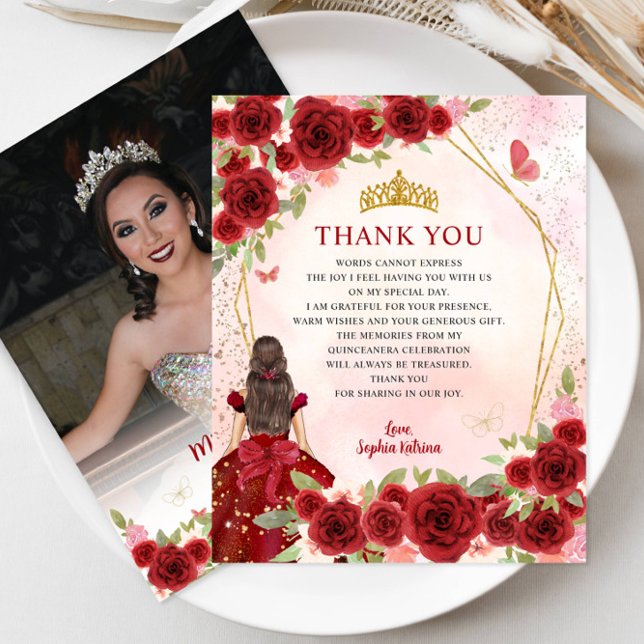 Budget Burgundy Floral Quinceañera Photo Thank You (Creator Uploaded)