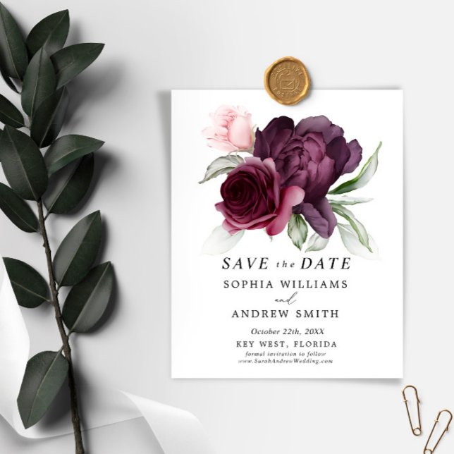 Budget Burgundy Floral Save the Date Invitation (Creator Uploaded)