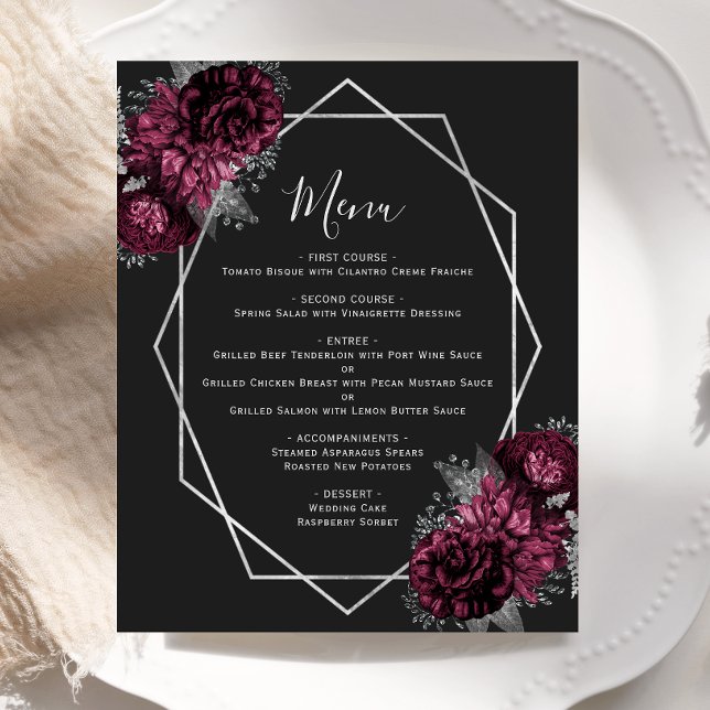 Budget Burgundy Floral Silver Black Wedding Menu (Creator Uploaded)