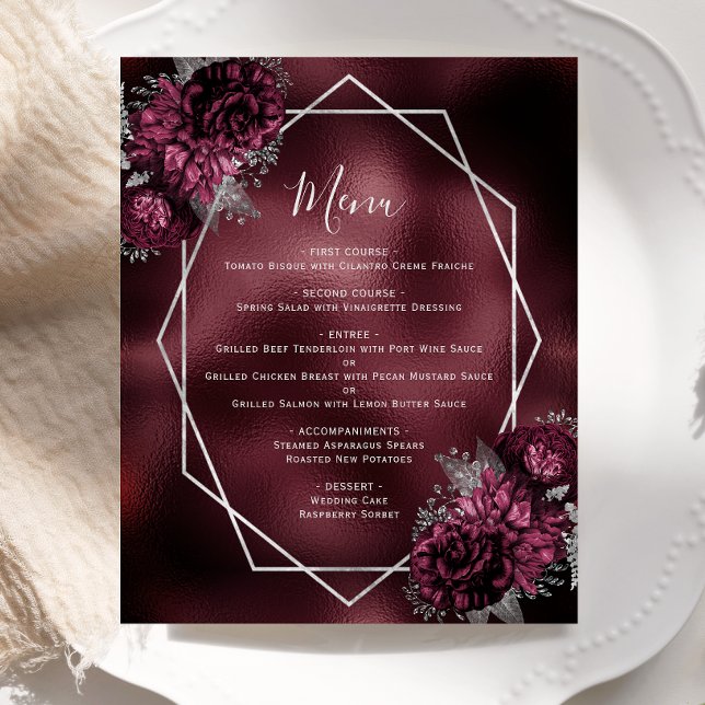 Budget Burgundy Floral Silver Wedding Menu (Creator Uploaded)