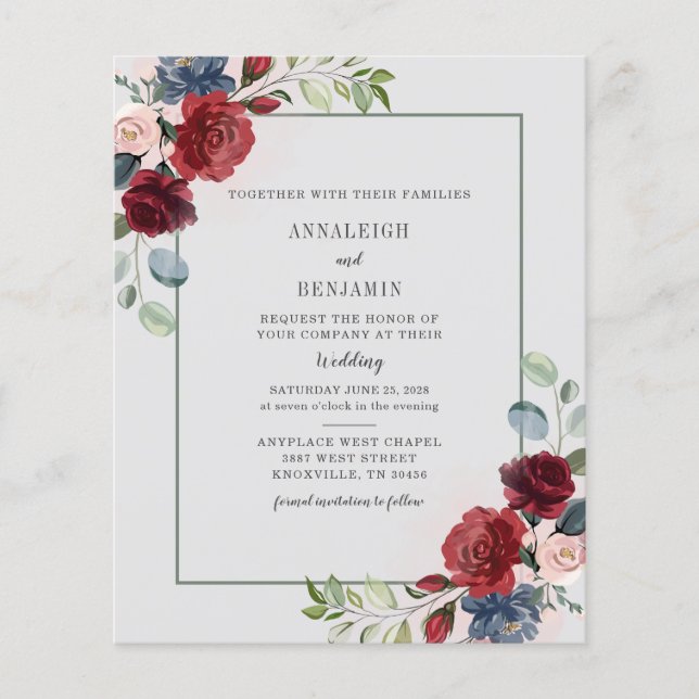 Budget Burgundy Floral Watercolor Modern Wedding (Front)