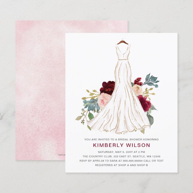 Budget Burgundy Floral Wedding Dress Bridal Shower (Front/Back)