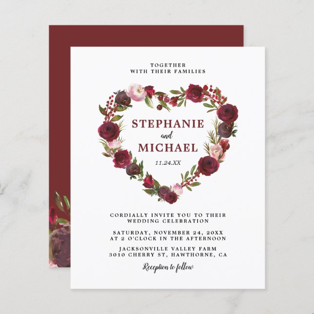 Budget Burgundy Floral Wedding Invitations (Front/Back)