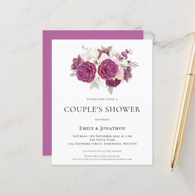 Budget Burgundy Florals Couples Shower Invitation (Front/Back In Situ)