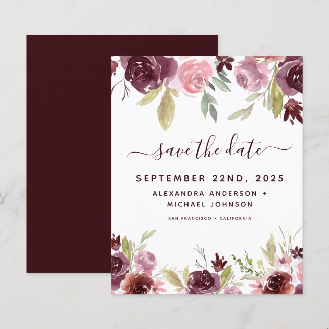 Budget Burgundy Flowers Floral Save the Date (Front/Back)