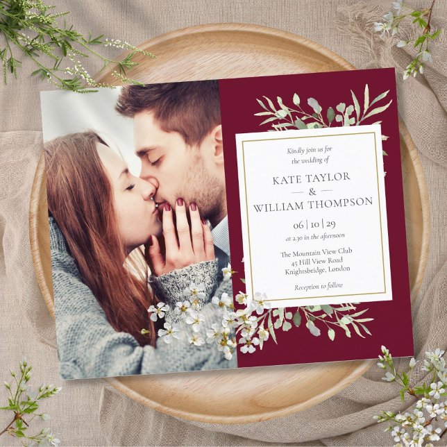 Budget Burgundy Foliage Photo Wedding Invitation (Budget Burgundy Foliage Photo Wedding Invitation)