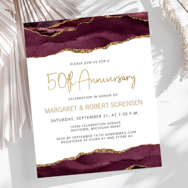 Budget Burgundy Gold Agate 50th Anniversary Invite (Creator Uploaded)