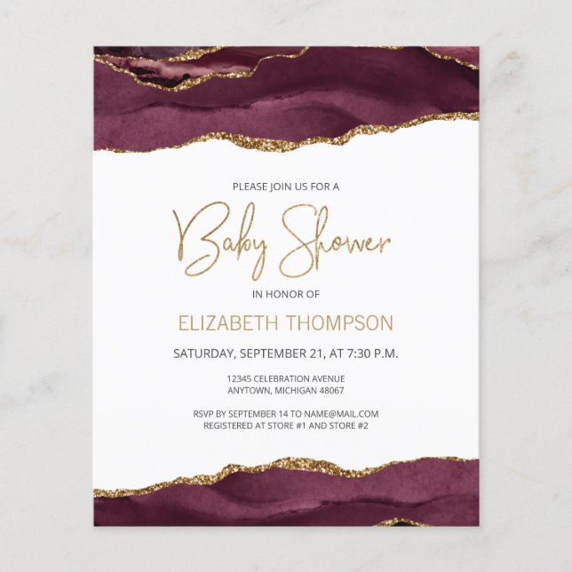 Budget Burgundy Gold Agate Baby Shower Invitation (Front)