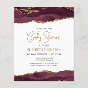 Budget Burgundy Gold Agate Baby Shower Invitation