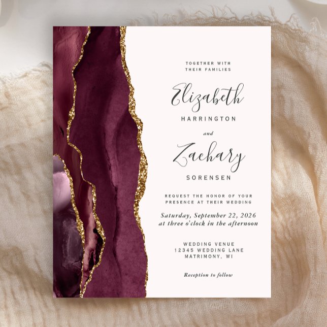 Budget Burgundy Gold Agate Blush Wedding Invite (Creator Uploaded)