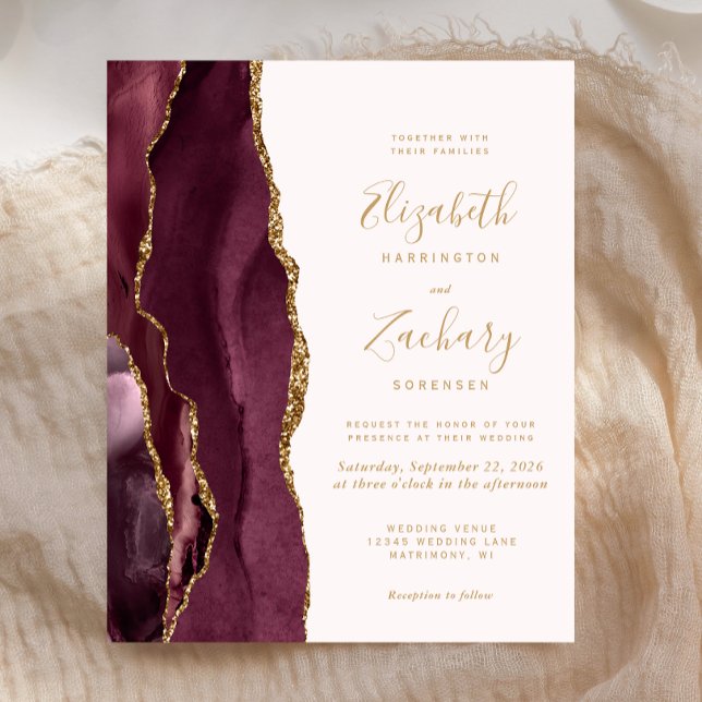 Budget Burgundy Gold Agate Blush Wedding Invite (Creator Uploaded)