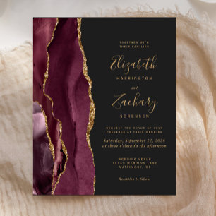 Budget Burgundy Gold Agate Dark Wedding Invitation
