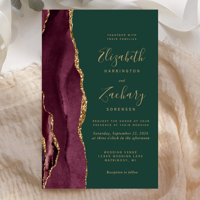 Budget Burgundy Gold Agate Green Wedding Invite (Creator Uploaded)
