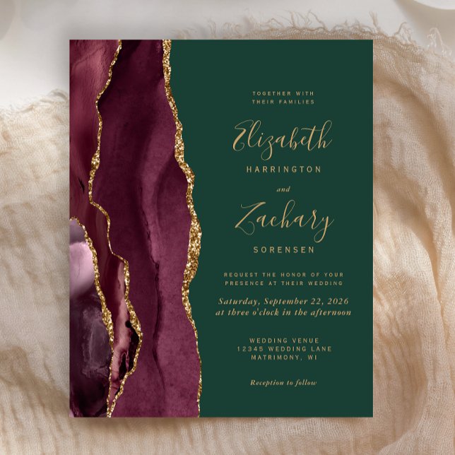 Budget Burgundy Gold Agate Green Wedding Invite (Creator Uploaded)