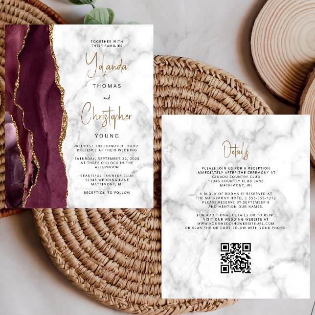Budget Burgundy Gold Agate Marble QR Code Wedding (Creator Uploaded)