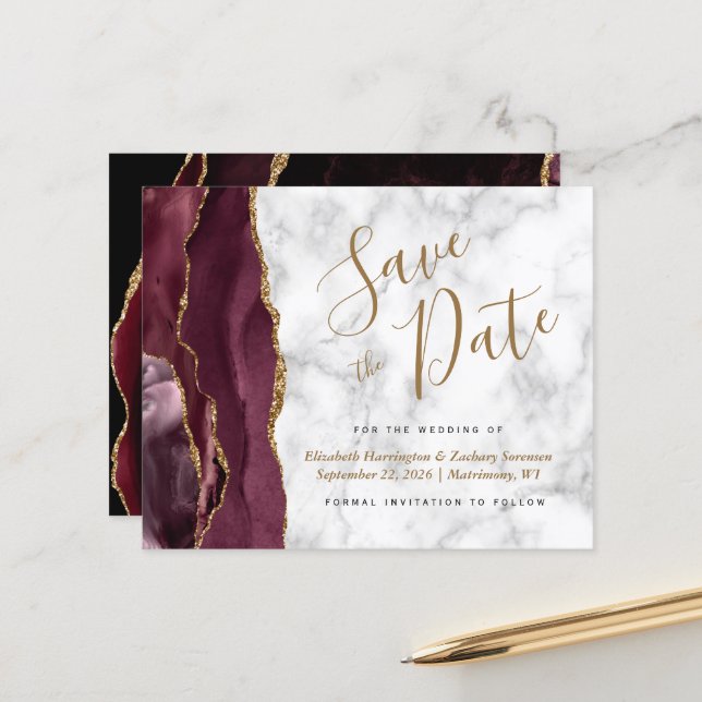 Budget Burgundy Gold Agate Marble Save the Date (Front/Back In Situ)