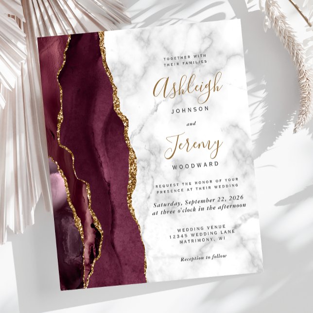 Budget Burgundy Gold Agate Marble Wedding Invite (Creator Uploaded)