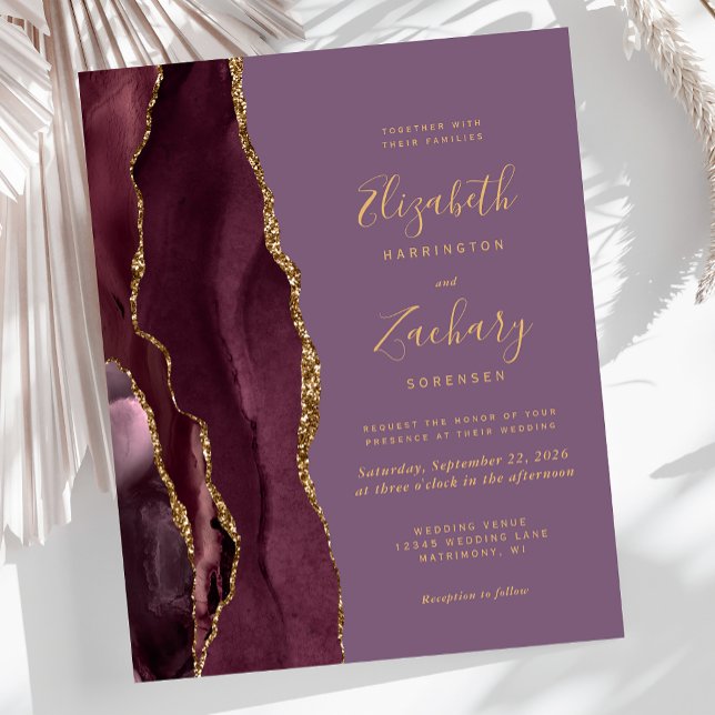 Budget Burgundy Gold Agate Mauve Wedding Invite (Creator Uploaded)