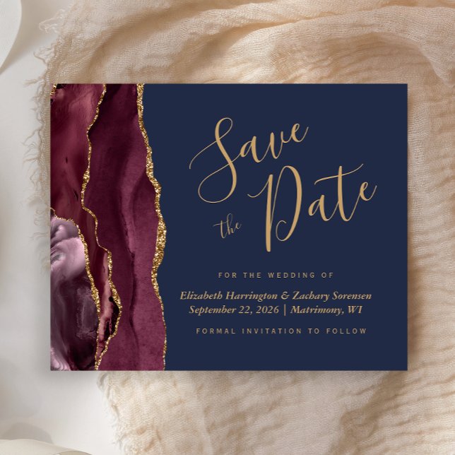 Budget Burgundy Gold Agate Navy Save the Date (Creator Uploaded)