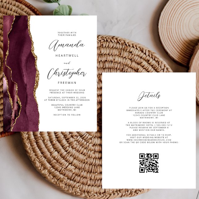 Budget Burgundy Gold Agate QR Code Wedding (Creator Uploaded)